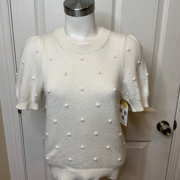 Anthropologie Sweaters - By Anthropologie White Wool Blend Short Sleeve Sweater W/ Pom Pom Nub, Size S